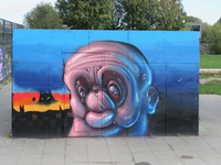 838220 Afbeelding van een graffitikunstwerk op het materiaalhok bij de skatebaan in het Griftpark te Utrecht.